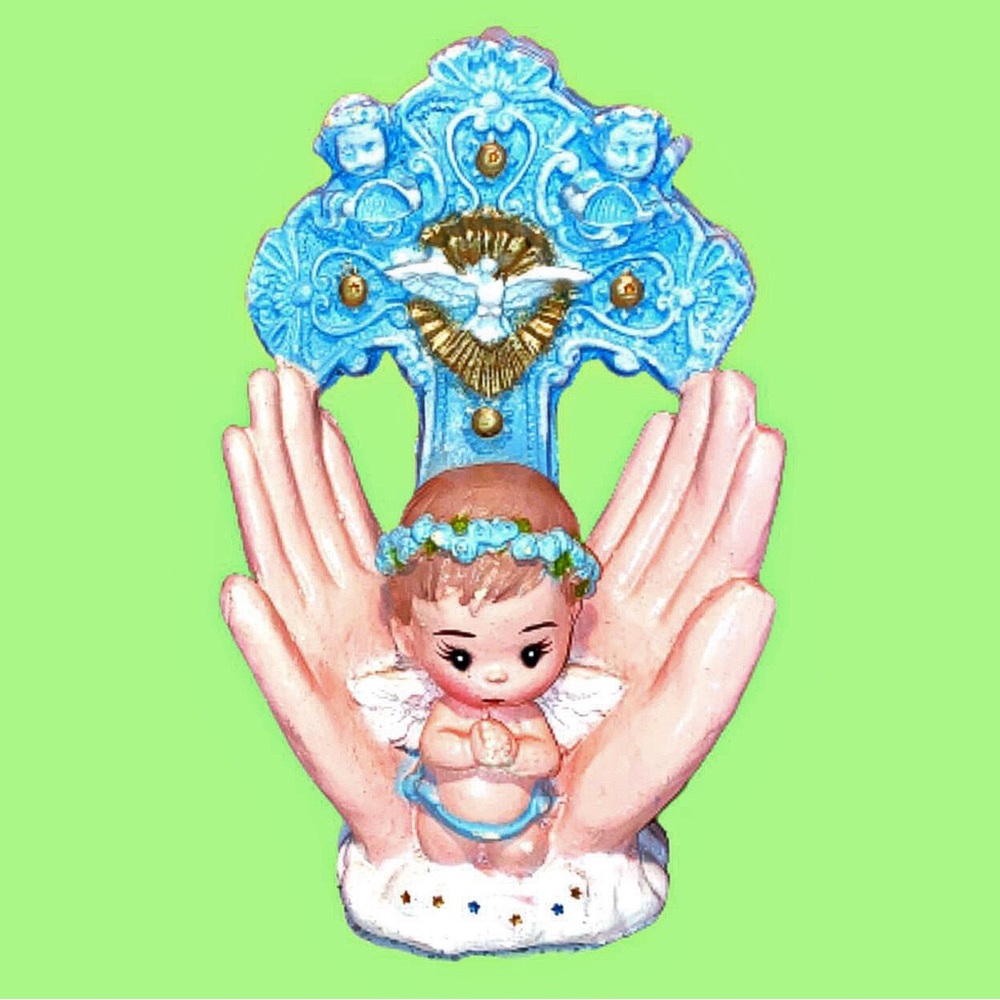 Pre-owned Baptism Blue/White Cross + Baby Angel Figurine (10”)